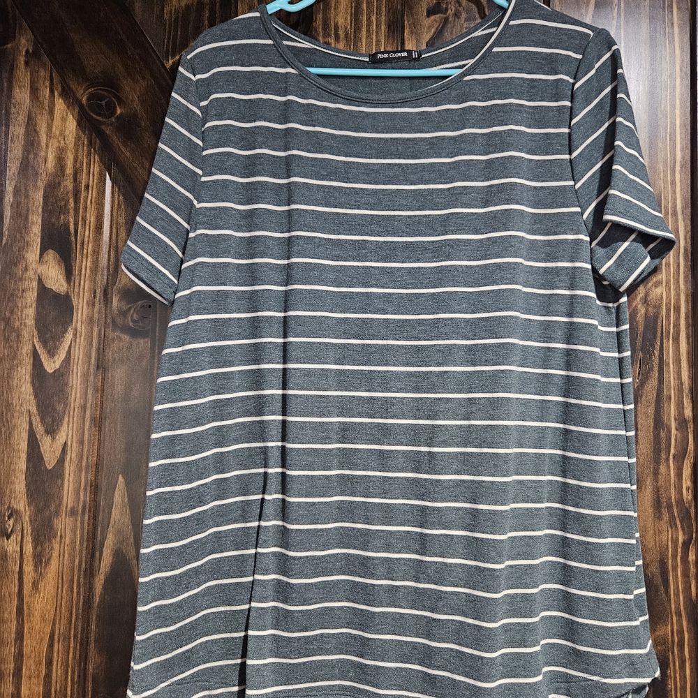 Pink Clover Green and White Striped Tee